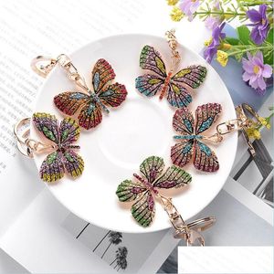 Anahtarlıklar Landards Crystal Butterfly Keychain Pırıltılı FL Rhinestone Alaşım Anahtarları Kadınlar Kız Araba Çantası Aksesuarları Moda DH3KJ