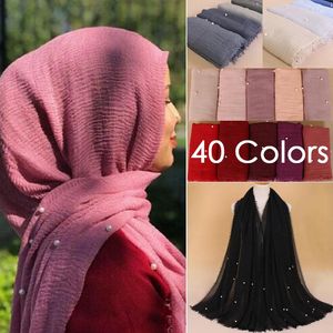 Scarves 40 Colors 180 90cm Plain Jersey Beads Hijab Scarf Women Ladies Crinkled Cotton Muslim Wrap Maxi Islam Pearl Shawl Headband