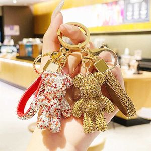 Keychains Fancy Strass Rhinestone Diamond Bear Animal Keychain Leather Strap Car Key Chain Bag Pendant Llaveros Para Mujer G221026