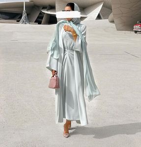 Ethnic Clothing Eid 3 Piece Women Muslim Sets Hijab Turkey Outfit Open Abaya Kimono Slip Dresses Wrap Front Maxi Skirt Dubai Saudi Islam