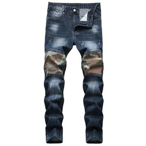 Personality Men's Camouflage Stitching Jeans Spring Autumn Dark Blue Frayed Pants Casual Slim Fit Cotton Denim Trousers Size 29-42 Pantalones