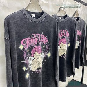 Erkek Tişörtleri Kaliteli 2022ss Angel Mektuplar Moda Uzun Kollu Erkekler Büyük Boyu Kadın Tişört Yıkanmış Tee Vintage Sweatshirt