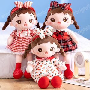 50cm lindo vestido xadrez vermelho bebê menina com faixas de cabeça de cabeça de pelúcia vestido de estampa doce de flor doce bonecas recheadas para crianças presente de aniversário