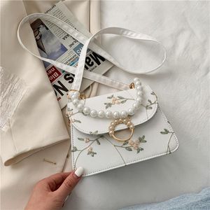 Borse da sera Borsa da donna PU Filato netto Fiore Ricamo Spalla Vintage Catena di perle Borse Moda Pelle con patta