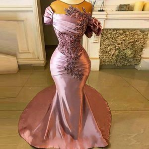 Elegante Helllila Perlen Meerjungfrau Abendkleider 2023 Sheer Neck Plus Size Aso Ebi Abendkleid Afrika Abendkleider