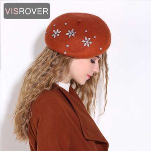 Beanie/Kafatası Kapakları Visroover Kadın Yün Kış Bere Kadın Rhinestone Yün Kapağı Sonbahar Şapk Kış Şapka Düz Renk Üst Kalite Kadın Boina Toptanes T221020