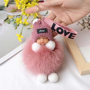 Keychains Pompom Sleeping Baby Keychain Cute Fluffy Plush Doll Women Girl Bags Keyrings Cars Key Ring Gift Charming Decoration G221026
