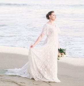 Сексуальное летнее пляжное кружевное свадебное платье 2023 для невесты V-образное выстрелы коротки