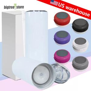 US warehouse Small Pack 20oz Sublimation Bluetooth Speaker Tumbler 9pcs Blank Design Cup White Portable Wireless Speakers Travel Mug Smart Music Cups Straw