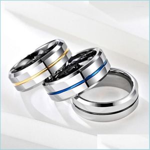 Anéis de casamento anéis de casamento masculino moda de 8 mm de tungsten aço preto/dourado/azul groove anel de arco -íris jóias masculinas para menweddi dhkzv