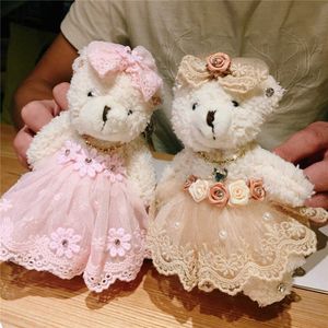 Keychains Nieuwe cartoonjurk Bow Rhinestone Teddy Bear Keychain Plush Wedding Doll Bouquet Toy Bag Pendant Sieraden G221026