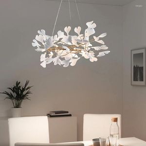 Candeliers Design de arte lustre para decoração de sala de estar para jantar lâmpada de penduramento de cerâmica branca ginkgo árvore folha redonda luminárias de quarto