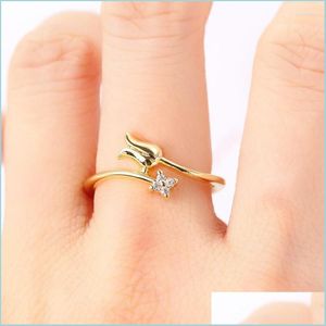 Bröllopsringar Bröllopsringar Tips Flower Gold Ring For Women Korean Justerbar Crystal Sweet Teen Girls Friends Jewelry Eesthetic Drop DHGD4