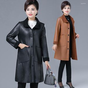 Women's Leather Autumn And Winter Jacket Women's Mid-length Mother's Dress Korean Wild Loose Plus Velvet Thick Size Clothing