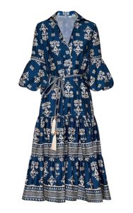 Casual Dresses 2022 Europeiska designers Design Ny Autumn V-Neck Cotton Blue Print Dress 01