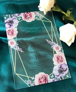 Articoli per feste Invito Quinceanera in acrilico Invito personalizzato per matrimonio con peonia rosa viola e battesimo di compleanno