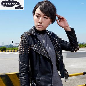 Women's Leather Pu Jacket Women Punk Rivets Studded Motorcycle Spiked Faux Jackets Streetwear Sashes Casaco Feminino Top
