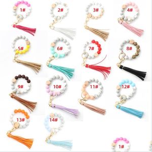 Keychains Lanyards Tassel Wood Beads Bracelet Keychains Keyring For Women Accessories Mticolor Key Ringshain Styles 14 Colors Drop Dhqb9