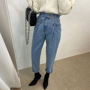 Kvinnors jeans 2022 Casual dubbelknapp Hög midja Kvinnor Denim Harem Pants Autumn Winter Streetwear Loose Female Streetpants Blue P174