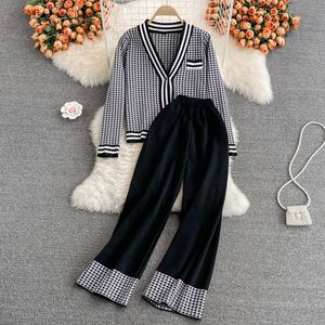 Women's houndstooth plaid grid knitted sweater cardigan and wide leg long pants set