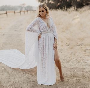 Sexy Summer Beach Lace Wedding Dress 2023 For Bride V-neck Slit Long Butterfly Sleeves Boho Bridal Gowns Custom Made Vestidos De Noiva