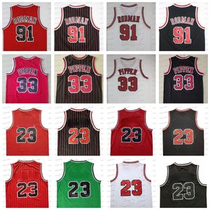 Retro 91 Rodman Basketbol Forması Scottie 33 Dennis Pippen 23 Kırmızı Beyaz Şerit Yeşil Dikişli Vintage Erkek Formalar Mesh Nefes Alabilir