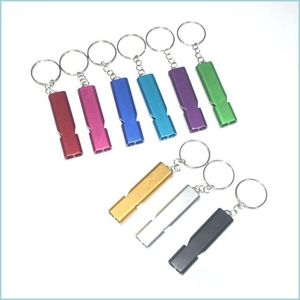 Keychains Lanyards Dualtube Survival Whistle Keychains Portable Aluminum Safety Whistles For Outdoor Hiking Cam Emergency Keyring Dhp6X
