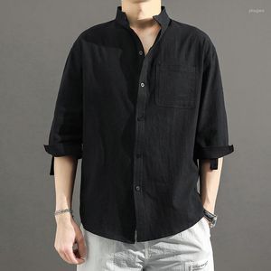 Herren-Freizeithemden, Sommer-Leinen, lockerer Stehkragen, Dreiviertel-Ärmel-Hemd, japanischer Business-Trend, solide Herrenbekleidung