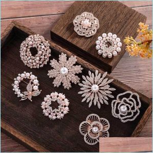 Pins Brooches Brooch Pin Rhinestone Crystal Pearl Flower Brooches For Wedding Bridal Round Bouquet Diy Rhinestones Accessories Part Dhmgu