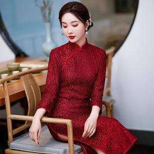 Etnik Giysiler 2022 Bahar Sonbahar Kırmızı Dantel Cheongsam Gelin Düğün Elbisesi Çin Geleneksel Qipao Kadınlar İçin Uzun Yarık