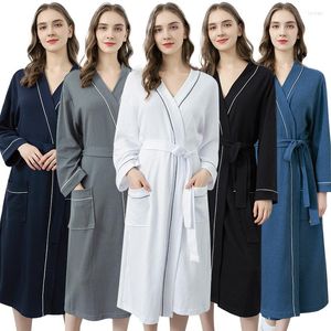 Men's Sleepwear Women Cotton Summer Long Solid Bride Robe Full Sleeve Waffle Sleep Lounge Robes Kimono Bath Night Wear