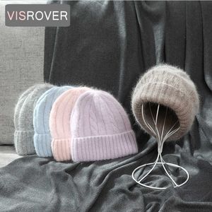 Beanie/Skull Caps VISROVER 10 colors unisex solid color real rabbit fur beanies winter hat for woman best match acrylic woman Autumn Warm skullies T221020