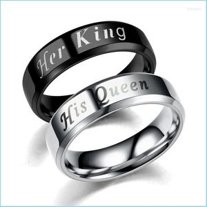 Fedi Nuziali Fedi Nuziali Her King His Queen Coppia 6Mm Nero/Argento Colore Acciaio Inossidabile Fidanzamento Liscio Per Donna Uomo Jewelrywe Dhfy5