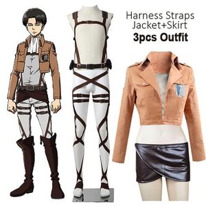 Tematdräkt Anime Attack på Titan Cosplay Shingeki No Kyojin Jacket Recon Corps Leather Kjol Hooks Belts Suspenders Ackerman Costume