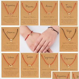 Charm Bracelets Fashion Twee Constellations Pendant Bracelet Red Lucky Weaving Rope Chain With Cardboard Birthday Gift For Women Dro Dh8Dt