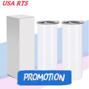 USA RTS Blank Sublimation Tumbler 20oz STRAIGHT skinny tumbler Straight Cups Stainless Steel Beer Coffee Mugs Rubber bottom Local Warehouse