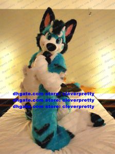 Traje de mascote peludo de pelo longo azul Husky Dog Fox Wolf Fursuit Adulto Personagem de desenho animado Traje Terno colocado em Nice Company Promotion zz7579