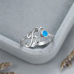 Bröllopsringar Simple Fashion Letter K Öppen Ring Blue White Opal Round Small Stone Charm Rose Gold Silver Color Engagement för kvinnor