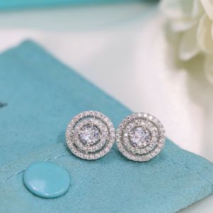 Luxury Famous Charm Tiff Brand Designer S925 Sterling Silver Two Layers Full Crystal Round Charm Stud for Women Fashion Wedding JE2436
