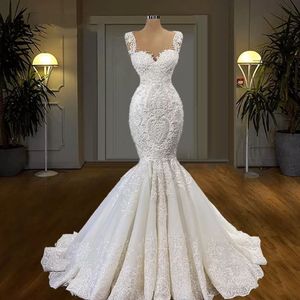 Splendidi abiti da sposa a sirena africana 2023 Abiti da sposa Appliques in pizzo Sweep Train in rilievo Plus Size Vestido De Noiva