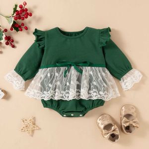 Rompers Noel Yenidoğan Bebek Bebek Tulum Dantel Dantel Çırpma Uzun Kollu Üçgen Bodysuit Noel Yeşil Giyim J220922