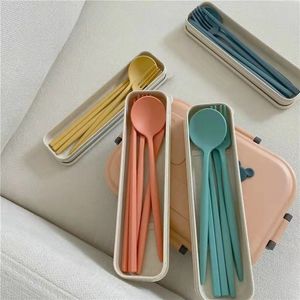 4PCS Set Cutlery Wheat Straw Spoon Fork Chopsticks With Box Students Tableware Travel Portable Dinnerware Kitchen Accessories