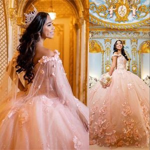 2023 Sexy Rosa Bling Quinceanera Kleider Ballkleid Schulterfrei Spitze Applikationen Kristallperlen Blumen Sweet 16 Vestido De 15 Anos Formale Party Prom Abendkleider