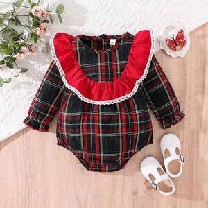 Rompers Fashion Christmas Newborn Baby Girls Plaid spets trim ruffles jumpsuit långärmad kläder kläder 024m j220922