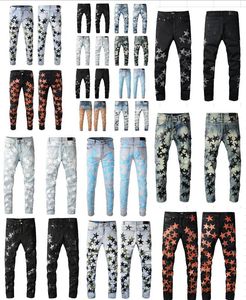 Herrjeans För killar Rip Slim Fit Skinny Man Byxor Orange Star Patches Bär Biker Denim Stretch Kult Stretch Motorcykel Trendig Lång Rak Hip Hop Med Hål Blå