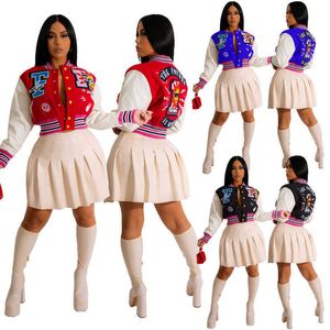 Jaqueta de beisebol de linha dupla com impressão de letra de moda Casaco do time do colégio Designer com letra F Feminino Cropped Patchwork Botão Letterman Jaquetas