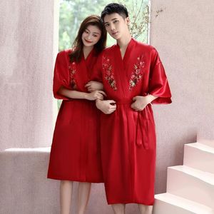 Men s Sleepwear Couple Embroidery Flower Wedding Robe Japanese Style Kimono Bathrobe Gown Spring Summer Lover Nightwear Nightgown