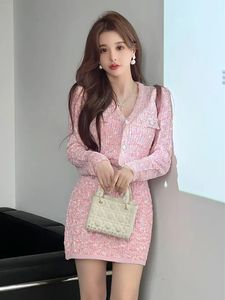 Womens v-neck two piece dress suit pink color sweater cardigan and short skirt twinset SML