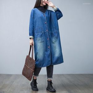 Women's Trench Coats Women Loose V Neck Denim Coat 2022 Spring Autumn Bleached Single Breasted Patchwork Outerwear Female