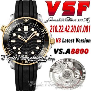 V3 Diver 300M Mens Watch sv210.22.42.20.01.001 vsf8800 Automatic Two Tone Yellow Gold Ceramics Bezel Black Wave Texture Dial Rubber Strap Super version eternity Watches